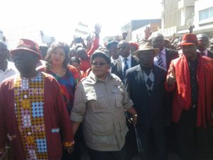 Joice Mujuru in solidarity with the MDC-T demo in Gweru, 13 August 2016. / Photo Credit: Joice Mujuru's Facebook Page